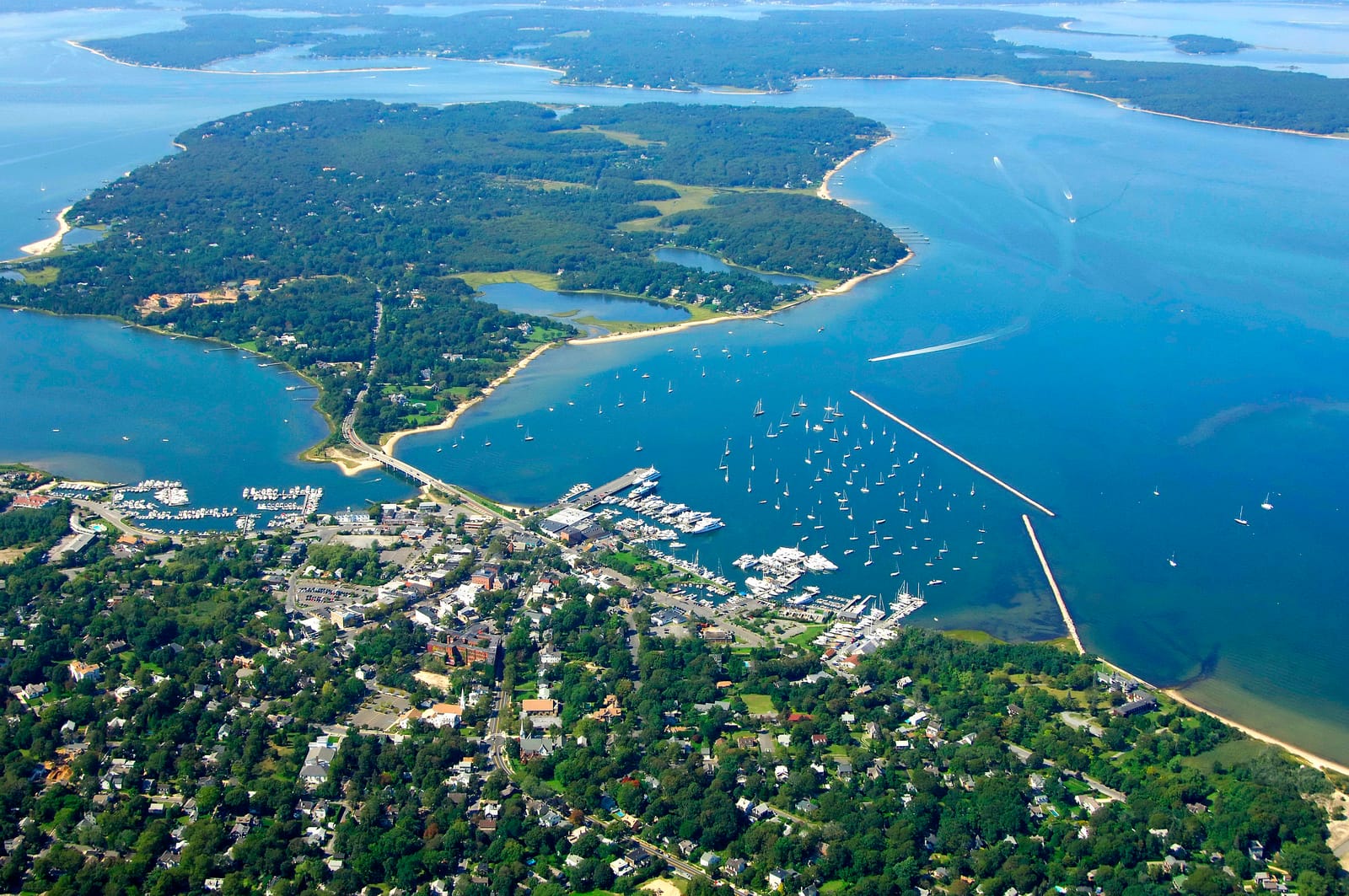 A Long Island harbor town from above
